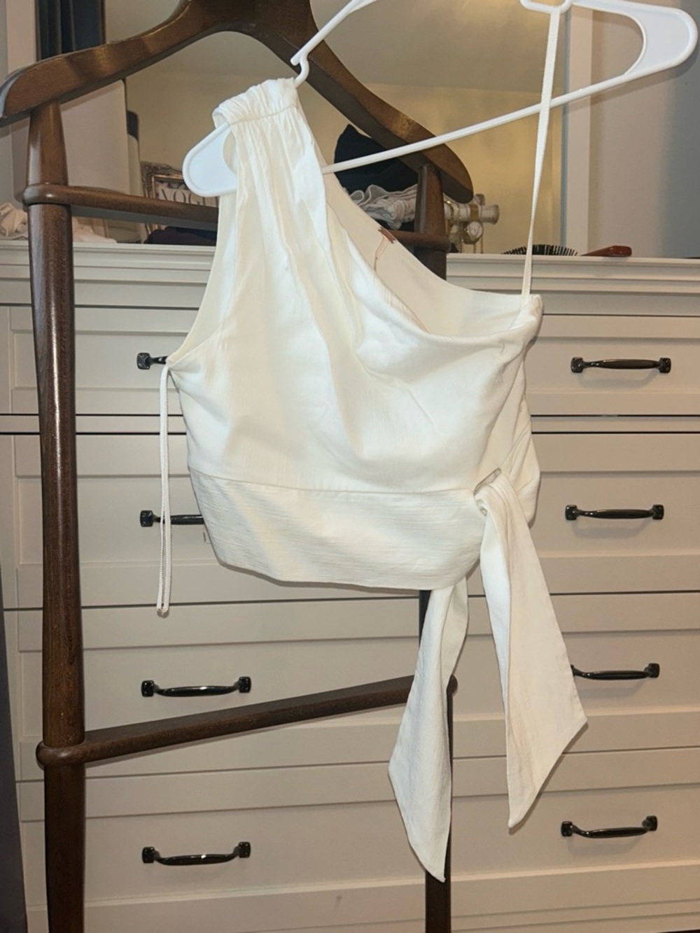 White One-Shoulder Tie-Waist Women's Top